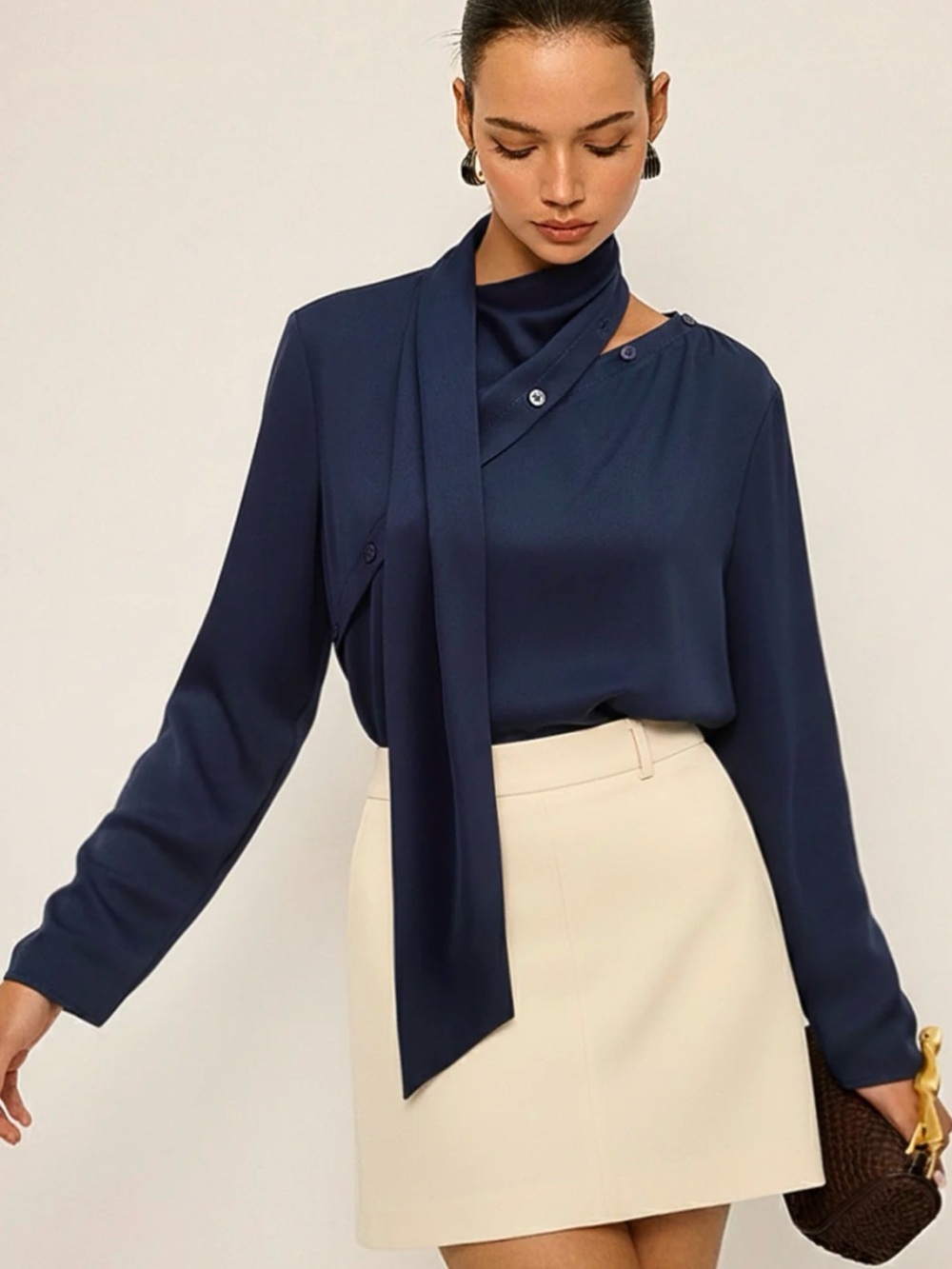 Commense Navy Tie-Neck Satin Blouse
